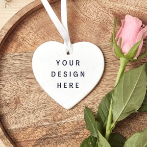 Heart ceramic ornament mockup with pink rose, rustic wedding or valentine&#39;s keepsake mockup, wooden base, blank white ornament Jpeg only.