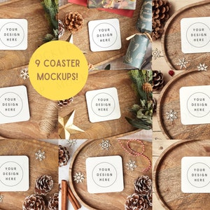 Weihnachtsfeiertage Untersetzer Mockups, Bestsellerpaket! Weißer quadratischer Untersetzer mit abgerundeten Kanten. Coaster Bundle, festliche Mock-Ups.