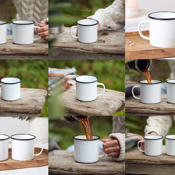 Enamel camping mug mockup bundle. Adventure camping cup. Bestseller mock-up, adventure couples mock-ups. Blank cup mockups.