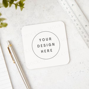Square white coaster mockup for teachers gifts. Stationary, teacher gift mockup.