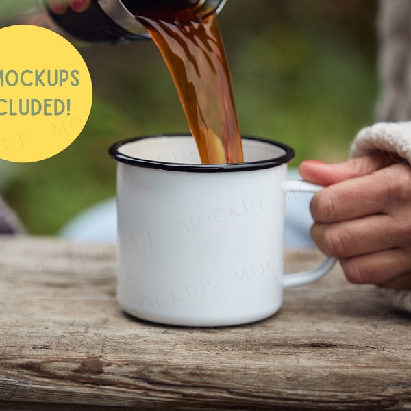 Camping mug mockup bundle of 9. White enamel adventure camping cup. Bestseller mock-up, adventure couples mock-ups. Blank cup mockups.