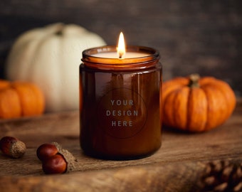 Thanksgiving halloween fall mock ups. Brown glass jar candle mockup. Pumpkin season mocks. Cosy seasonal candle. Autumn theme.