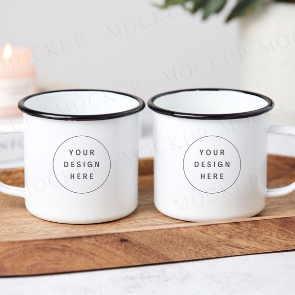 Enamel coffee mug mockup pair. Clean minimalist mockup. Couples Mockup. Enamel mug mockup. Coffee cup mockup.