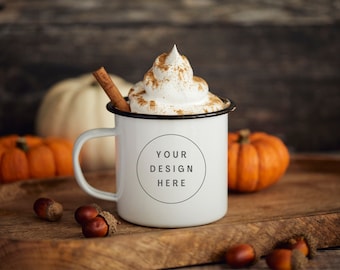 New *HALLOWEEN / FALL* mock ups. Enamel camping mug. Pumpkin spiced latte and cream. Adventure coffee cup, black rim, cosy styling. Autumn.