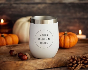 Thanksgiving halloween fall mock ups. White Wine Tumbler Mockup, Wine cup mockup. Cosy fall winter theme.