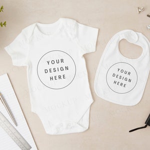 Baby clothes mockup, white bodysuit. Desk and stationary set up, gift for teachers. White babygrow onesie mockup. Romper mock up.