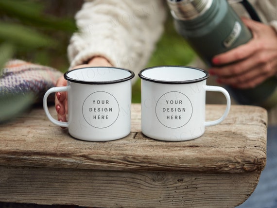 Enamel camping coffee cup mockup pair. Outdoor Mockup. Adventure Mockup. Couples Mockup. Enamel mug mockup. Coffee cup mockup.