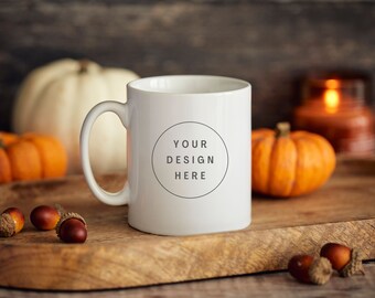 Thanksgiving halloween fall mock ups. 11oz Ceramic white mug. Pumpkin spiced latte. Adventure coffee cup, black rim, cosy styling. Fall.