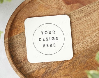 Coaster mockup, square. Styled flat lay stock photo. Wedding bridal gift mock up.