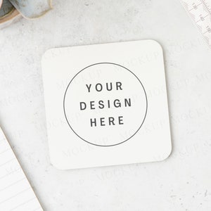 Square coaster mockup. Styled flat lay stock photo. Wedding bridal gift mock up. Teacher gift coaster mockup with stationary.