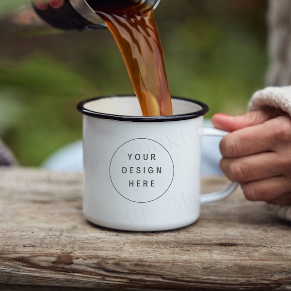 Camping coffee mug mockup. Outdoor, adventure mockup. Enamel mug mockup. Coffee cup mockup.