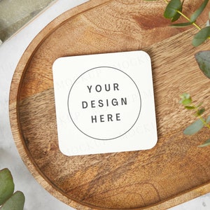Square coaster mockup. Styled flat lay stock photo. Wedding bridal gift mock up.