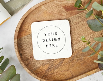 Square coaster mockup. Styled flat lay stock photo. Wedding bridal gift mock up.