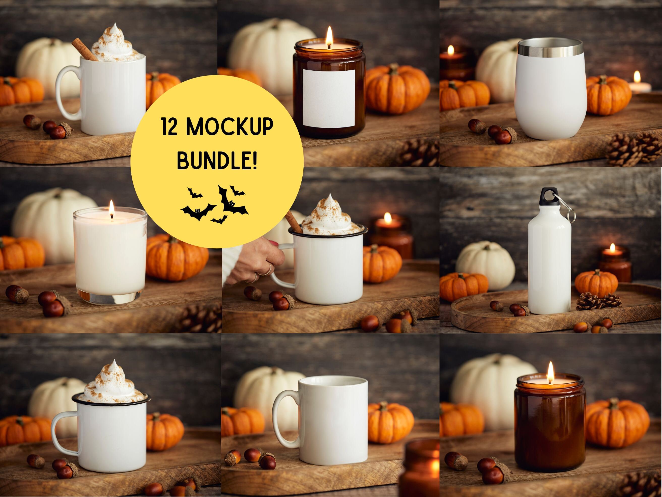 HALLOWEEN MOCKUP BUNDLE! Ceramic mug, enamel camping mug, candles, drinks bottle mock ups. Pumpkin spiced latte. Seasonal autumn / fall.