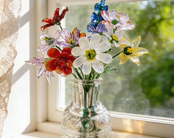 Personalized Glass Birth Flower, Hand Blown Birth Flower Bouquet, Spring Flower, Birthday Gift for Mom, Mother's Day Gift, Home Decor