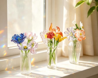 Personalized Glass Birth Flower, Mini Glass Bouquet With Vase, Birthday Gift for Mom, Handmade Glass Birth Month Flower, Mother's Day Gift