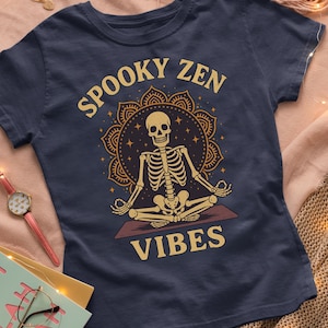 Spooky Zen Vibes Unisex Heavy Cotton Tee | Halloween Yoga Skeleton Tee, Funny Spiritual Boho Graphic Tee, Retro Halloween Meditation Shirt
