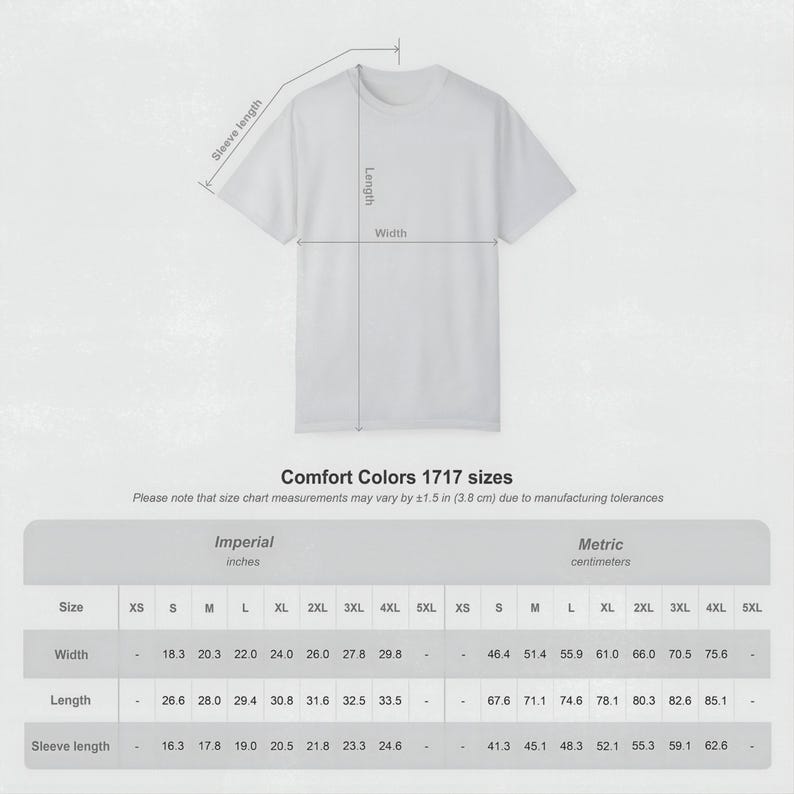 K&ouml;nnte beinhalten: Ein schlichtes wei&szlig;es T-Shirt mit einer Gr&ouml;&szlig;entabelle mit dem Titel Comfort Colors 1717 sizes. Die Tabelle enth&auml;lt Angaben zu Breite, L&auml;nge und &Auml;rmell&auml;nge in Zoll und Zentimetern f&uuml;r die Gr&ouml;&szlig;en XS bis 5XL.