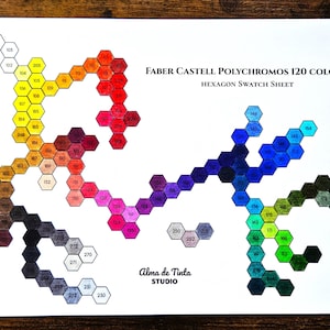 May include: A white sheet with a color swatch of Faber Castell Polychromos 120 colors. The colors are arranged in a hexagonal pattern, with each hexagon containing a color and a number. The text "FABER CASTELL POLYCHROMOS 120 COLORS HEXAGON SWATCH SHEET" is printed at the top.
