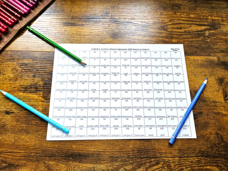 May include: A Faber-Castell Polychromos 120 swatch sheet with color swatches and pencils. The sheet is on a wooden surface with three colored pencils: green, light blue, and blue. A brown pencil case with colored pencils is in the upper left corner.