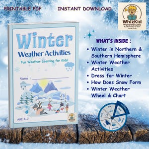 May include: A light blue book titled "Winter Weather Activities" with illustrations of winter scenes and the text "Fun Weather Learning for Kids!". The book includes a wheel chart and the text "What's Inside". Age range 4-7.