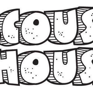 May include: Black and white graphic of the words "Scouse House" in a bubble letter style. The letters are outlined in black with a white fill and small black dots. The word "Scouse" is above "House".