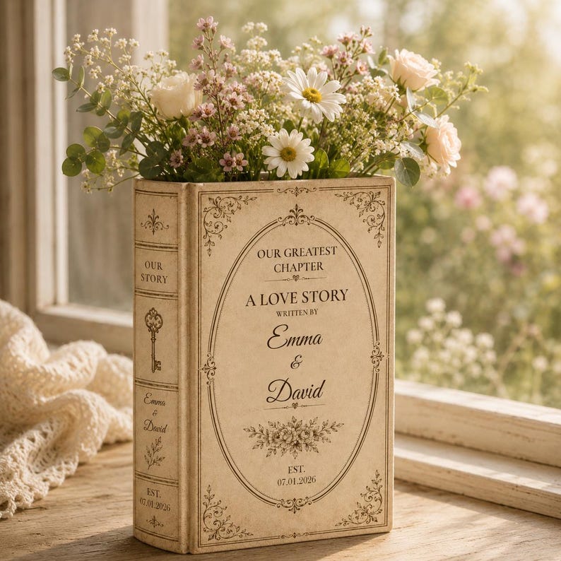 May include: A cream-colored book-shaped vase featuring the text Our Greatest Chapter, A Love Story, written by Emma & David, and Est. 07.01.2026. The vase is filled with a bouquet of white daisies, light pink roses, and small green foliage.