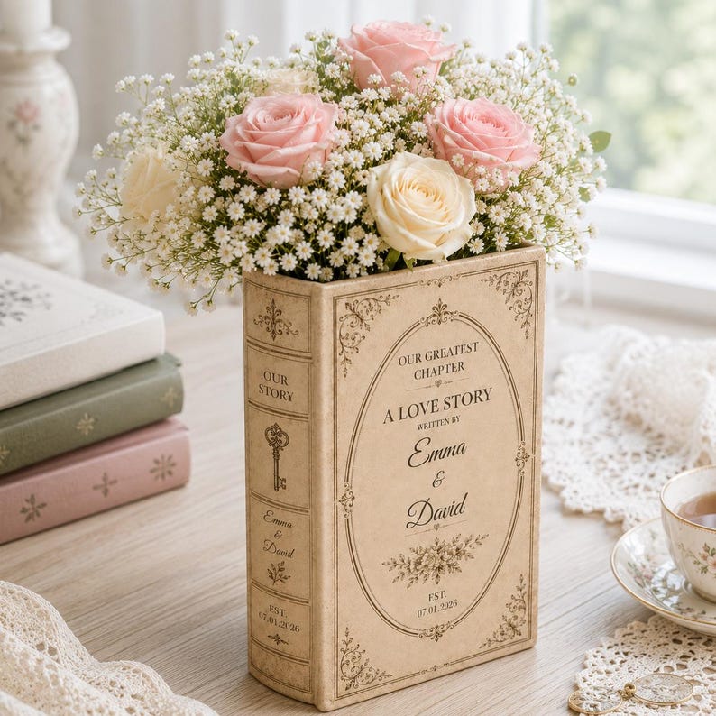May include: A rectangular beige book-shaped vase featuring the text Our Greatest Chapter A Love Story Written By Emma & David Est 07.01.2026, filled with a bouquet of light pink roses, white roses, and small white baby's breath flowers.