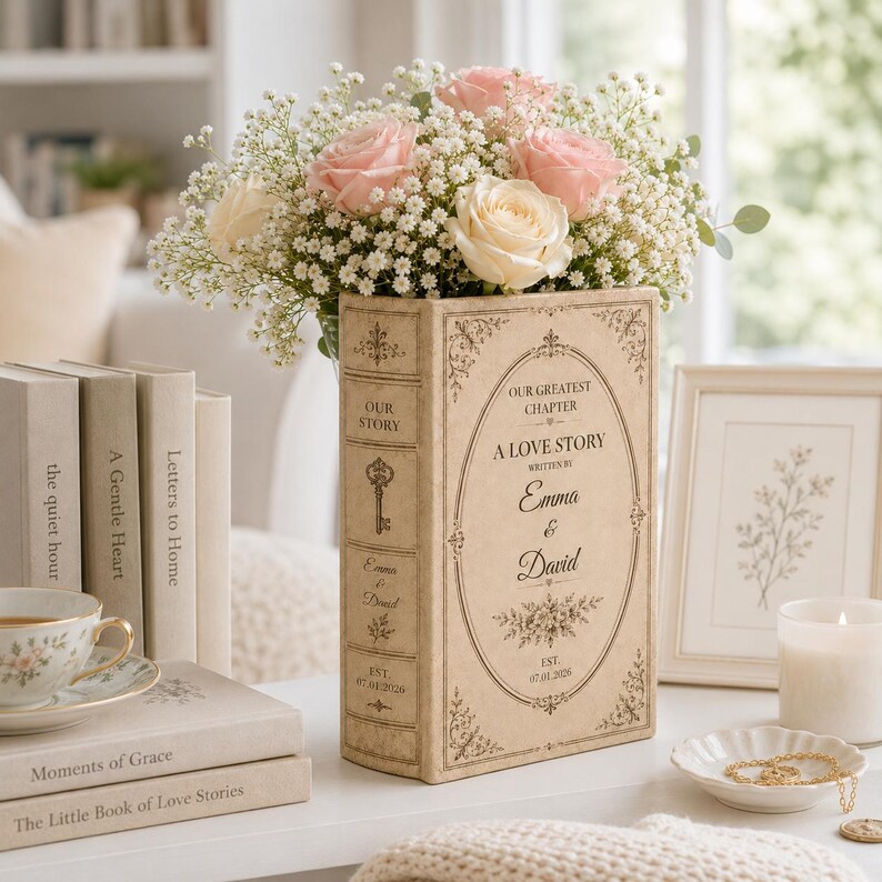 May include: A beige book-shaped vase featuring the text "OUR GREATEST CHAPTER A LOVE STORY WRITTEN BY Emma & David EST. 07.01.2026" with a key and floral illustrations, filled with a bouquet of light pink roses and white baby's breath flowers.