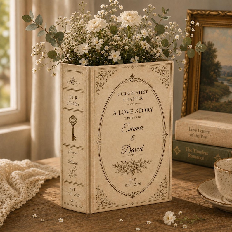 May include: A rectangular cream-colored book-shaped vase featuring the text Our Greatest Chapter, A Love Story, Written By Emma & David, and Est. 07.01.2026. The spine displays a key icon and the names Emma & David. It is filled with white flowers.