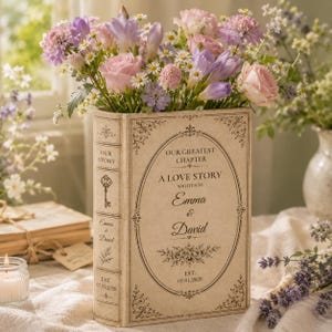 May include: A cream-colored book-shaped vase featuring the text "OUR GREATEST CHAPTER A LOVE STORY WRITTEN BY Emma & David EST. 07.01.2026" with floral illustrations, filled with a bouquet of pink roses, purple freesias, and white daisies.