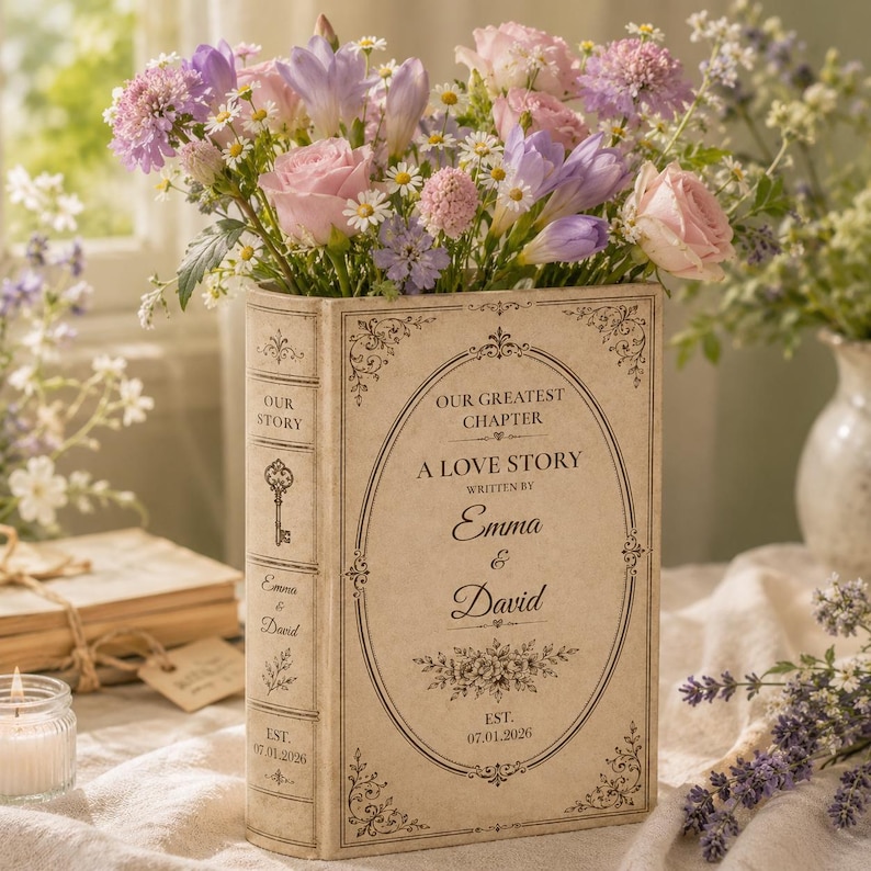 May include: A cream-colored book-shaped vase featuring the text "OUR GREATEST CHAPTER A LOVE STORY WRITTEN BY Emma & David EST. 07.01.2026" with floral illustrations, filled with a bouquet of pink roses, purple freesias, and white daisies.