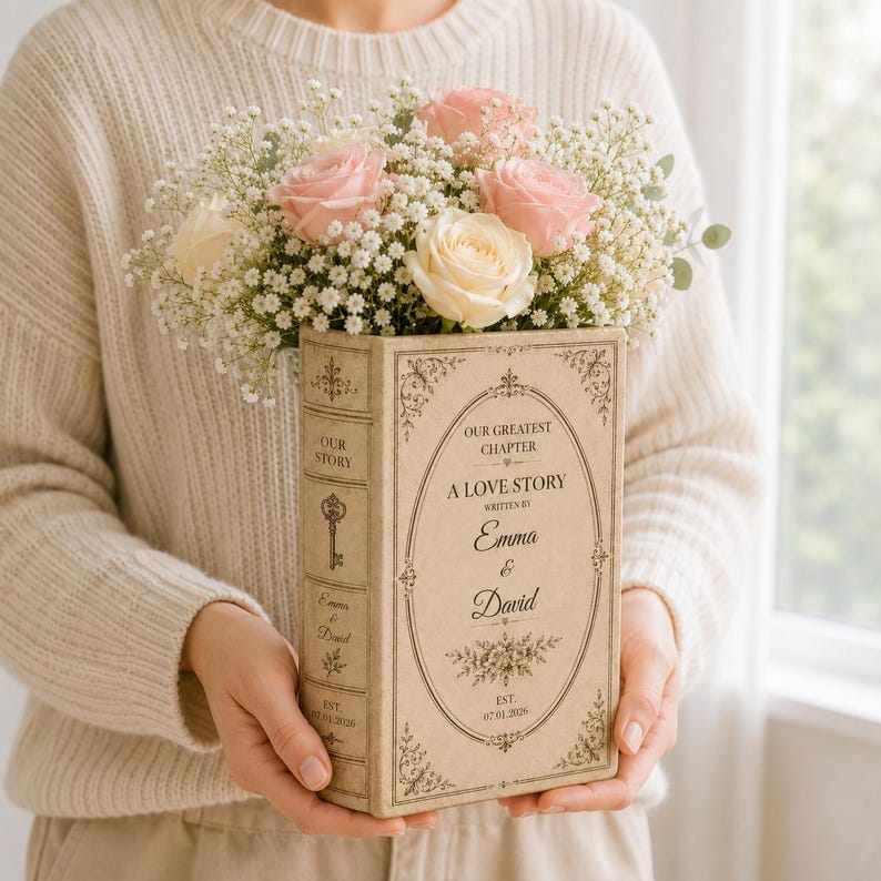 May include: A rectangular book-shaped vase in a light beige finish, featuring decorative black text and filigree borders. The front reads 'OUR GREATEST CHAPTER A LOVE STORY WRITTEN BY Emma & David EST. 07.01.2026'. It holds a bouquet of pink roses and baby's breath.
