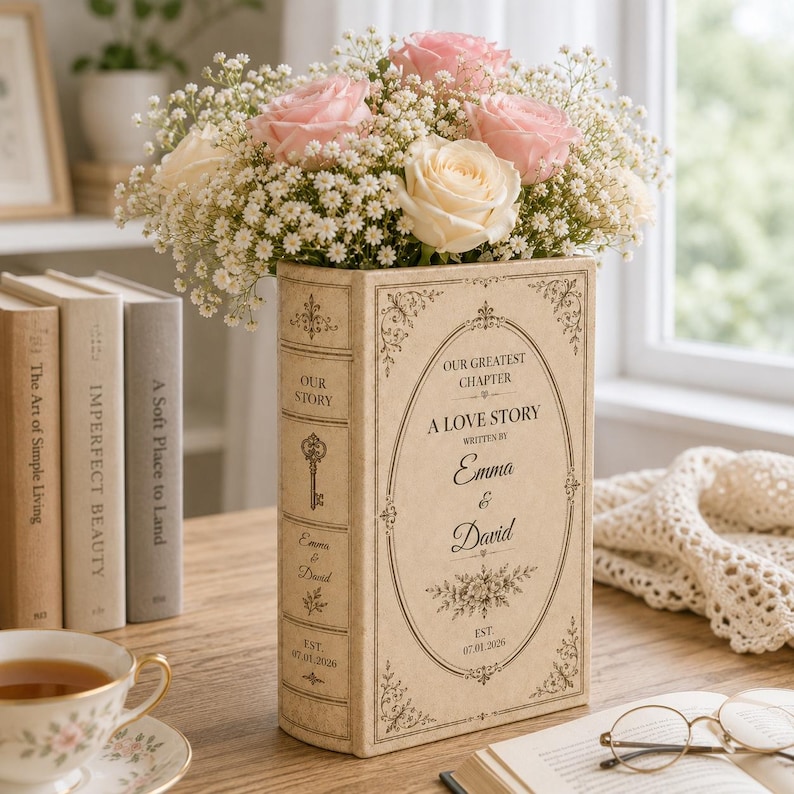 May include: A rectangular beige book-shaped vase featuring the text Our Greatest Chapter, A Love Story, Written By Emma & David, and Est. 07.01.2026. The vase is filled with a bouquet of light pink and cream roses mixed with small white baby's breath flowers.