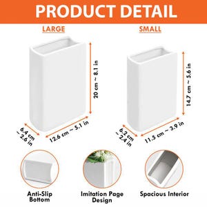 May include: Two white rectangular vases labeled Large and Small with dimensions. The large vase is 8.1 inches tall, 5.1 inches wide, and 2.6 inches deep. The small vase is 5.6 inches tall, 3.9 inches wide, and 2.4 inches deep. Features include an anti-slip bottom, imitation page design, and spacious interior.