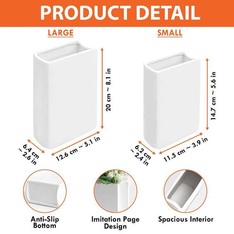 May include: Two white rectangular vases labeled Large and Small with dimensions. The large vase is 8.1 inches tall, 5.1 inches wide, and 2.6 inches deep. The small vase is 5.6 inches tall, 3.9 inches wide, and 2.4 inches deep. Features include an anti-slip bottom, imitation page design, and spacious interior.