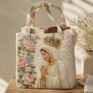 May include: A cream-colored quilted tote bag featuring an embroidered floral design of pink peonies and blue flowers on the left side. The center displays a three-dimensional depiction of a crowned figure in white robes holding a rosary.