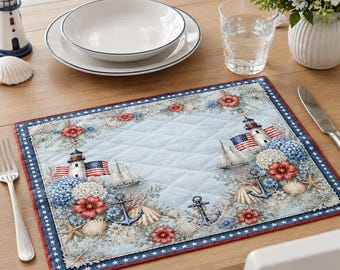 Patriotic Coastal Quilted Placemats, Nautical Lighthouse 4th of July Table Mat, Coastal Beach House Table Decor, Sailor Anchor Dining