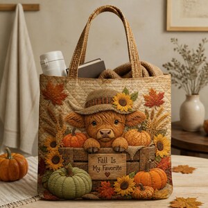 May include: A quilted tote bag featuring a highland cow wearing a hat, sitting in a wooden crate with pumpkins, sunflowers, and autumn leaves. The crate has a sign that reads "Fall Is My Favorite" with a small heart icon below the text.