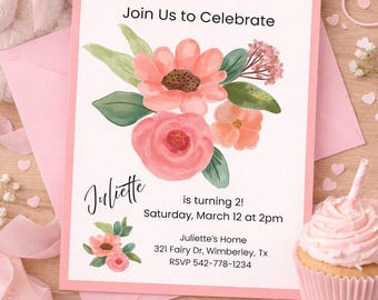 Floral Girls Birthday Party Invitation  - Garden Party Invite- Editable in Canva