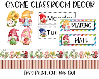 Gnome Classroom Decor Bundle | Editable Bulletin Borders, Schedule Cards (Digital Download)