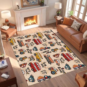 Kid&#39;s Room Rug, Car Play, Traffic Decor, Retro Cars Play Mat, Kid Carpet