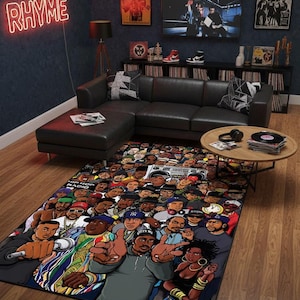 Hip Hop Kulturteppich, Rap-Legenden Collage, Urban Music Decor Teppich für Studio oder Zimmer, Old School & New School Rapper Collage Teppich