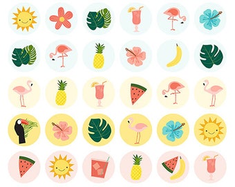 Immagini di tappo di bottiglia tropicale, bottlecap immagini, digitali royalty free, circoli, di un pollice collage foglio - Download immediato