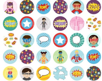 Superhero bottle cap images, bottlecap images, one inch circles, royalty-free, digital collage sheet- Instant Download