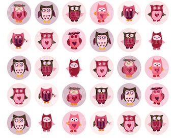 Imágenes de tapas de botellas de San Valentín, imágenes de tapas de botellas de búho, círculos de una pulgada - Hoja de collage digital- Descarga instantánea