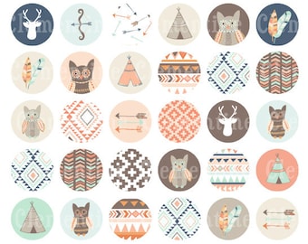 Tribal bottle cap images, bottlecap images, one inch circles, royalty-free, digital collage sheet- Instant Download