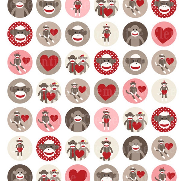 Sock Monkey bottle cap images, bottlecap images, one inch circles - royalty-free, digital collage sheet- Instant Download