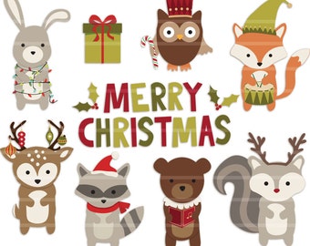 Woodland Christmas clip art images, woodland clipart,  woodland animals clip art- Instant Download