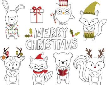 Woodland Christmas digital stamps, woodland clipart,  woodland animals clip art- Instant Download